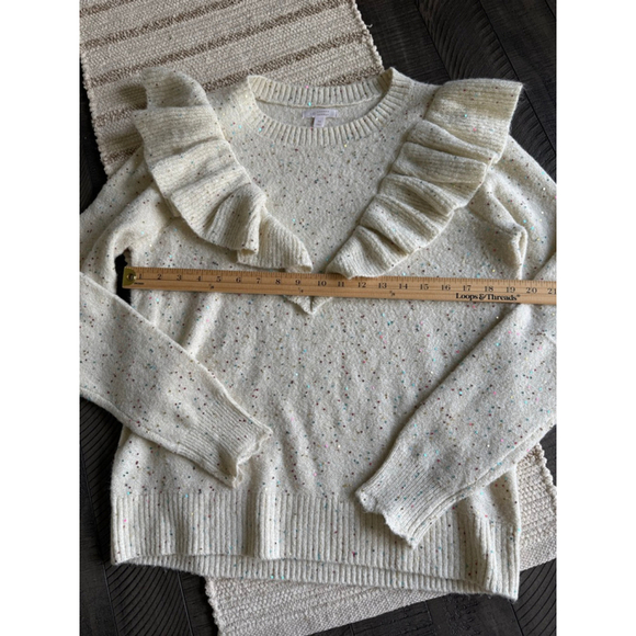 Lauren Conrad Cream Ruffle Sequin Sweater Confetti Speckle Knit Size M - Picture 4 of 8